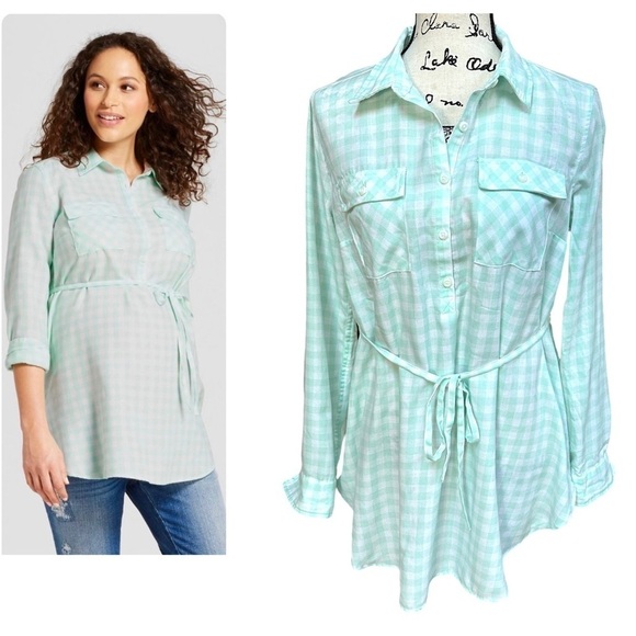 Isabel Maternity by Ingrid & Isabel Plaid Popover Tunic in Mint Green - Picture 1 of 8